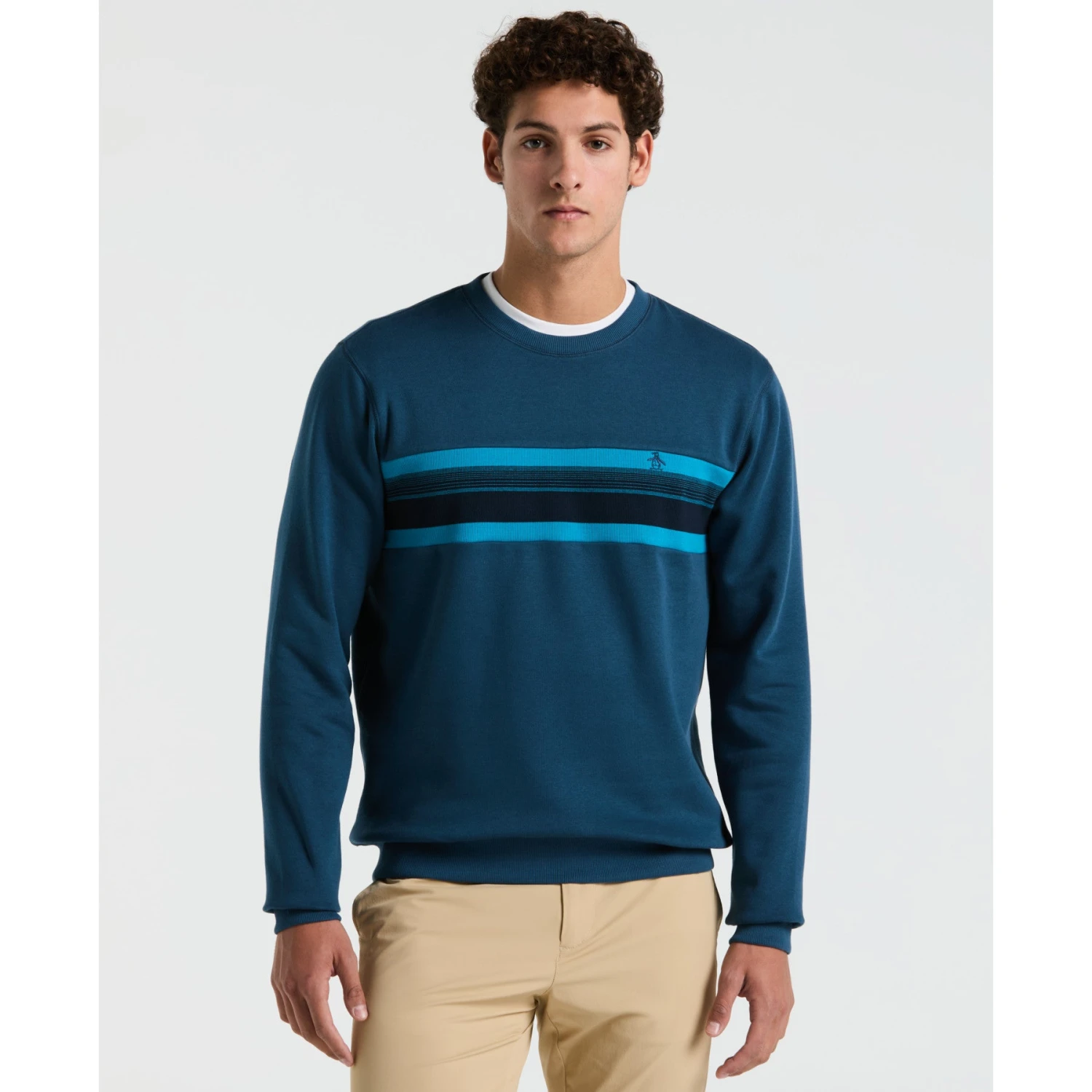 Original Penguin Fleece Chest Stripe Crew Neck Sweater In Blue Wing Teal(Fleece Chest Stripe Crew Neck Sweater Blue Ocks2500gp 415) 1 Original Penguin Fleece Chest Stripe Crew Neck Sweater In Blue Wing Teal(Fleece Chest Stripe Crew Neck Sweater Blue Ocks2500gp 415)