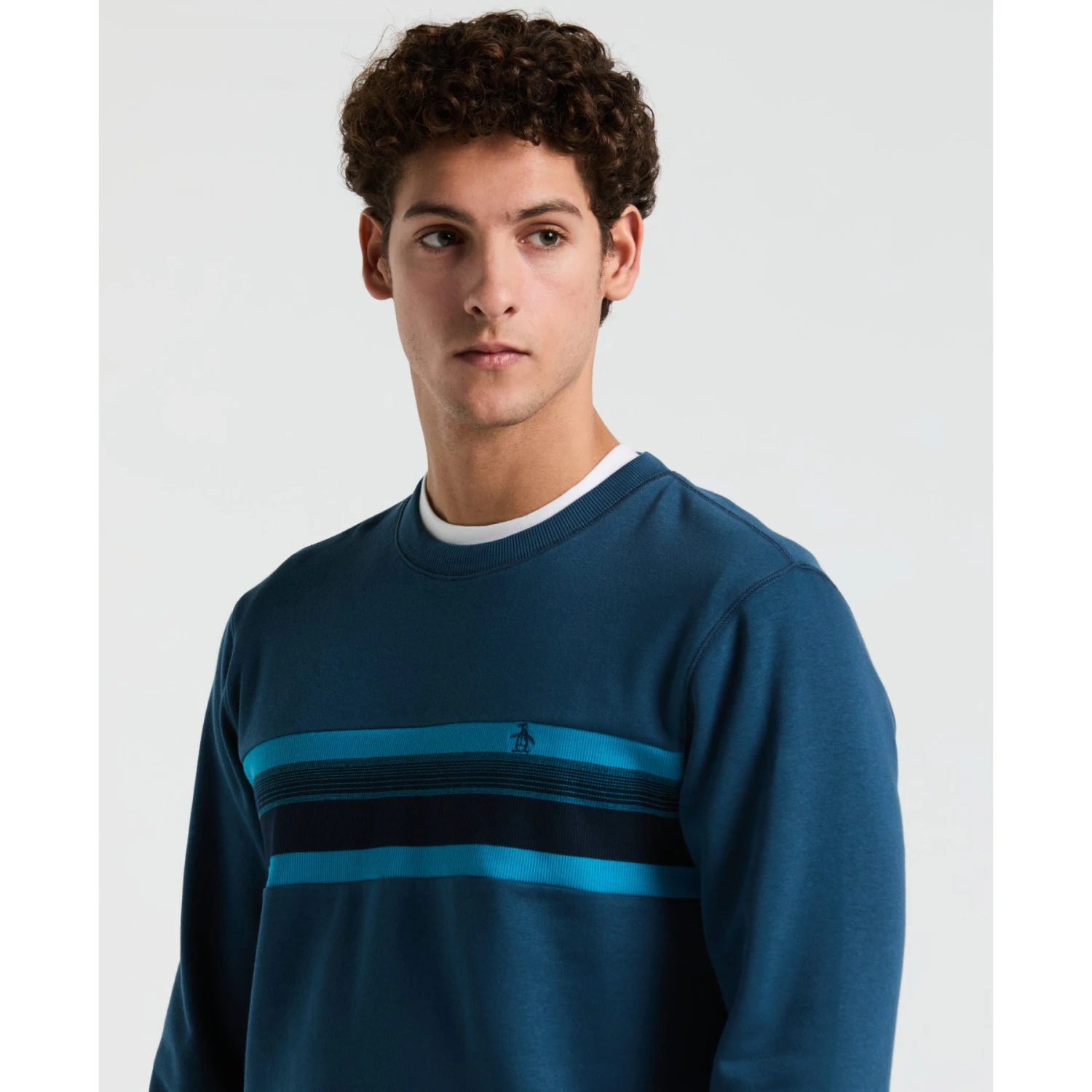 Original Penguin Fleece Chest Stripe Crew Neck Sweater In Blue Wing Teal(Fleece Chest Stripe Crew Neck Sweater Blue Ocks2500gp 415) 3 Original Penguin Fleece Chest Stripe Crew Neck Sweater In Blue Wing Teal(Fleece Chest Stripe Crew Neck Sweater Blue Ocks2500gp 415) - Image 3