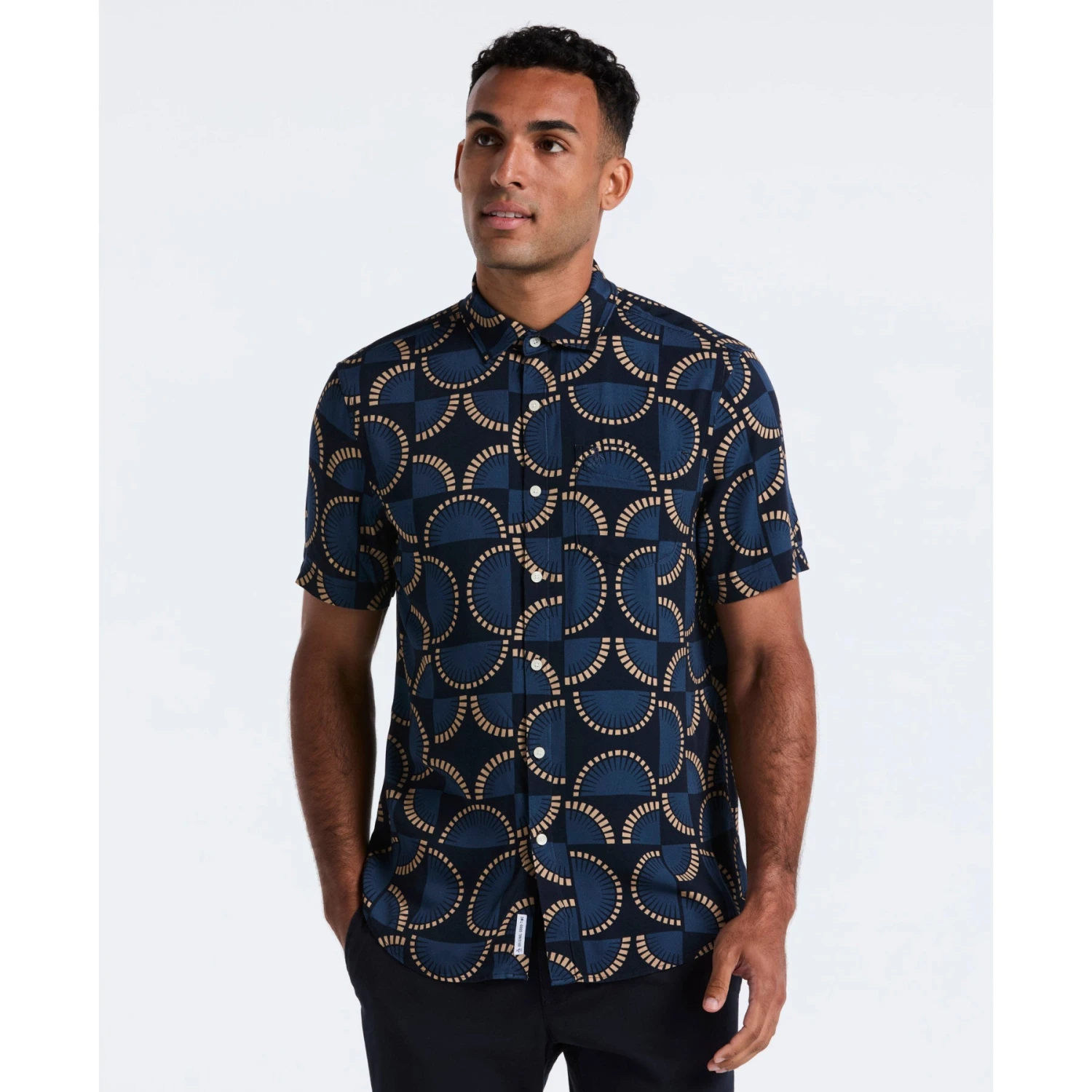 Original Penguin Fan Print Short Sleeve Shirt In Dark Sapphire(Fan Print Short Sleeve Shirt Blue Ocwf2519gp 413) 1 Original Penguin Fan Print Short Sleeve Shirt In Dark Sapphire(Fan Print Short Sleeve Shirt Blue Ocwf2519gp 413)