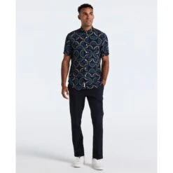 Original Penguin Fan Print Short Sleeve Shirt In Dark Sapphire(Fan Print Short Sleeve Shirt Blue Ocwf2519gp 413) 7 Original Penguin Fan Print Short Sleeve Shirt In Dark Sapphire(Fan Print Short Sleeve Shirt Blue Ocwf2519gp 413) -Original Penguin Outlet OCWF2519 413 alt3