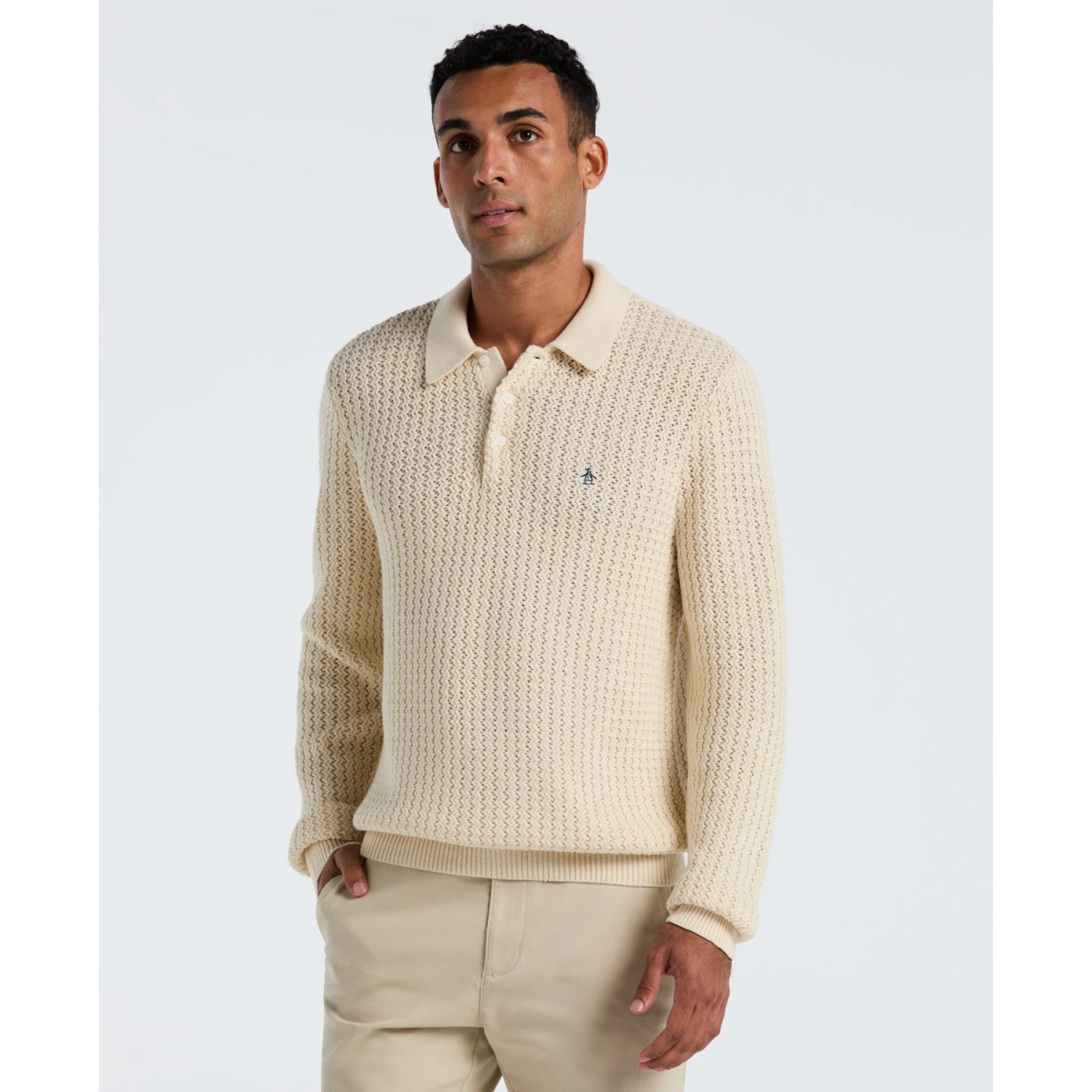 Original Penguin Zigzag Stitch Long Sleeve Sweater Polo In Birch(Zigzag Stitch Long Sleeve Sweater Polo Beige Opgf2502gp 252)