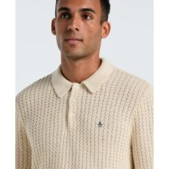 Original Penguin Zigzag Stitch Long Sleeve Sweater Polo In Birch(Zigzag Stitch Long Sleeve Sweater Polo Beige Opgf2502gp 252) -Original Penguin Outlet OPGF2502 252 alt2