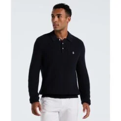Original Penguin Zigzag Stitch Long Sleeve Sweater Polo In Dark Sapphire(Zigzag Stitch Long Sleeve Sweater Polo Blue Opgf2502gp 413)