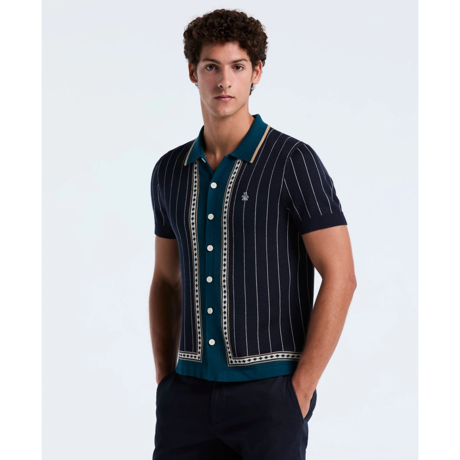 Original Penguin Striped Button Front Sweater Polo In Dark Sapphire(Striped Button Front Sweater Polo Blue Opgf2508gp 413) 1 Original Penguin Striped Button Front Sweater Polo In Dark Sapphire(Striped Button Front Sweater Polo Blue Opgf2508gp 413)