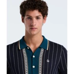 Original Penguin Striped Button Front Sweater Polo In Dark Sapphire(Striped Button Front Sweater Polo Blue Opgf2508gp 413) 7 Original Penguin Striped Button Front Sweater Polo In Dark Sapphire(Striped Button Front Sweater Polo Blue Opgf2508gp 413) -Original Penguin Outlet OPGF2508 413 alt2