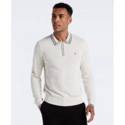 Original Penguin Tipped Quarter Zip Long Sleeve Sweater Polo In Birch Heather(Tipped Quarter Zip Long Sleeve Sweater Polo Beige Opgf2510gp 110)
