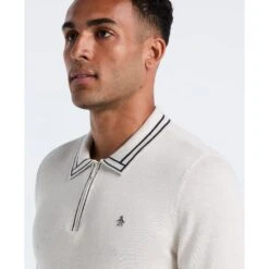Original Penguin Tipped Quarter Zip Long Sleeve Sweater Polo In Birch Heather(Tipped Quarter Zip Long Sleeve Sweater Polo Beige Opgf2510gp 110) -Original Penguin Outlet OPGF2510 110 alt2