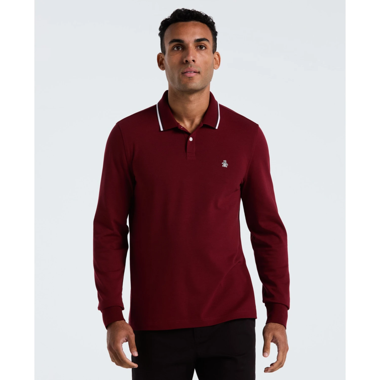 Original Penguin Sticker Pete Tipped Long Sleeve Polo Shirt In Cabernet(Sticker Pete Tipped Long Sleeve Polo Shirt Red Opkf2522gp 605) 1 Original Penguin Sticker Pete Tipped Long Sleeve Polo Shirt In Cabernet(Sticker Pete Tipped Long Sleeve Polo Shirt Red Opkf2522gp 605)
