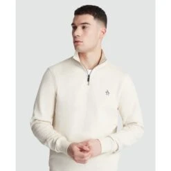 Original Penguin Fleece Quarter Zip Sweatshirt In Birch(Long Sleeve Fleece Quarter Zip Jumper Beige Opks5713gp 252) -Original Penguin Outlet OPKS5713 252 alt2