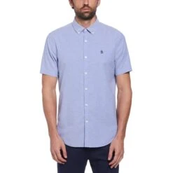Original Penguin Oxford Stretch Short Sleeve Shirt In Amparo Blue(Ecovero Oxford Stretch Shirt Blue Opwb0037gp 424)