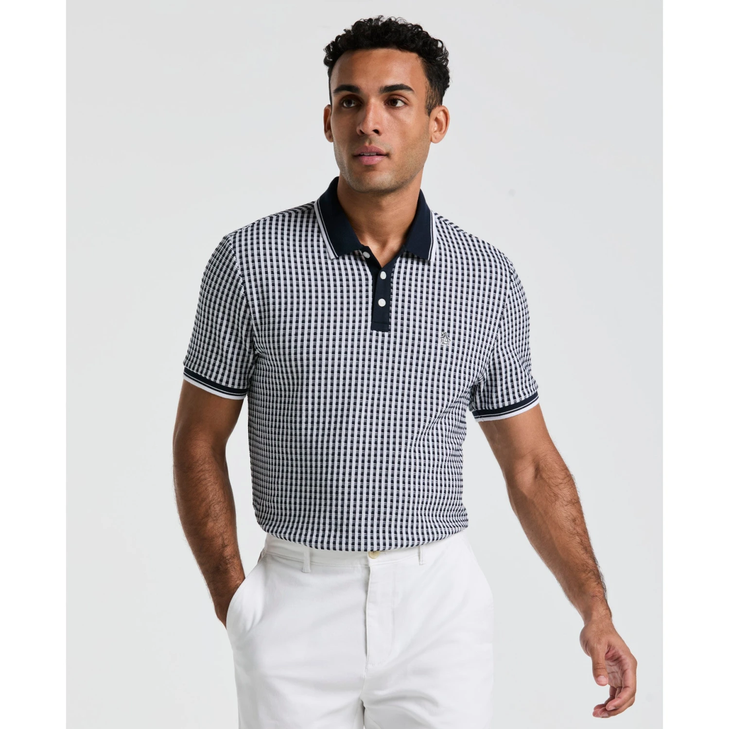 Original Penguin Jaquard Check Polo Shirt In Dark Sapphire(Jaquard Check Polo Shirt Blue Opkm2517gp 413)