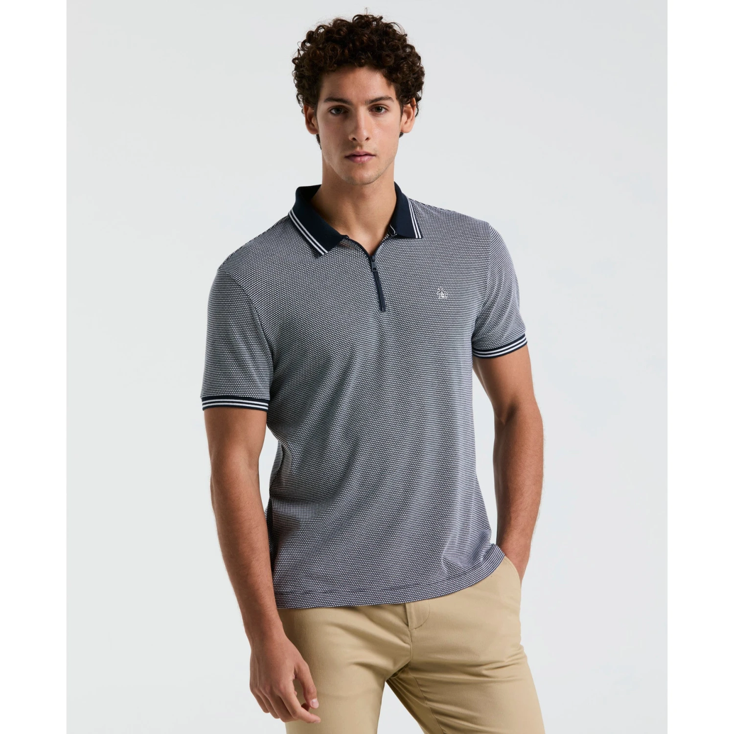 Original Penguin Jacquard Tipped 1/4 Zip Polo Shirt In Dark Sapphire(Jacquard Tipped 14 Zip Polo Blue Opks2530gp 413) 1 Original Penguin Jacquard Tipped 1/4 Zip Polo Shirt In Dark Sapphire(Jacquard Tipped 14 Zip Polo Blue Opks2530gp 413)