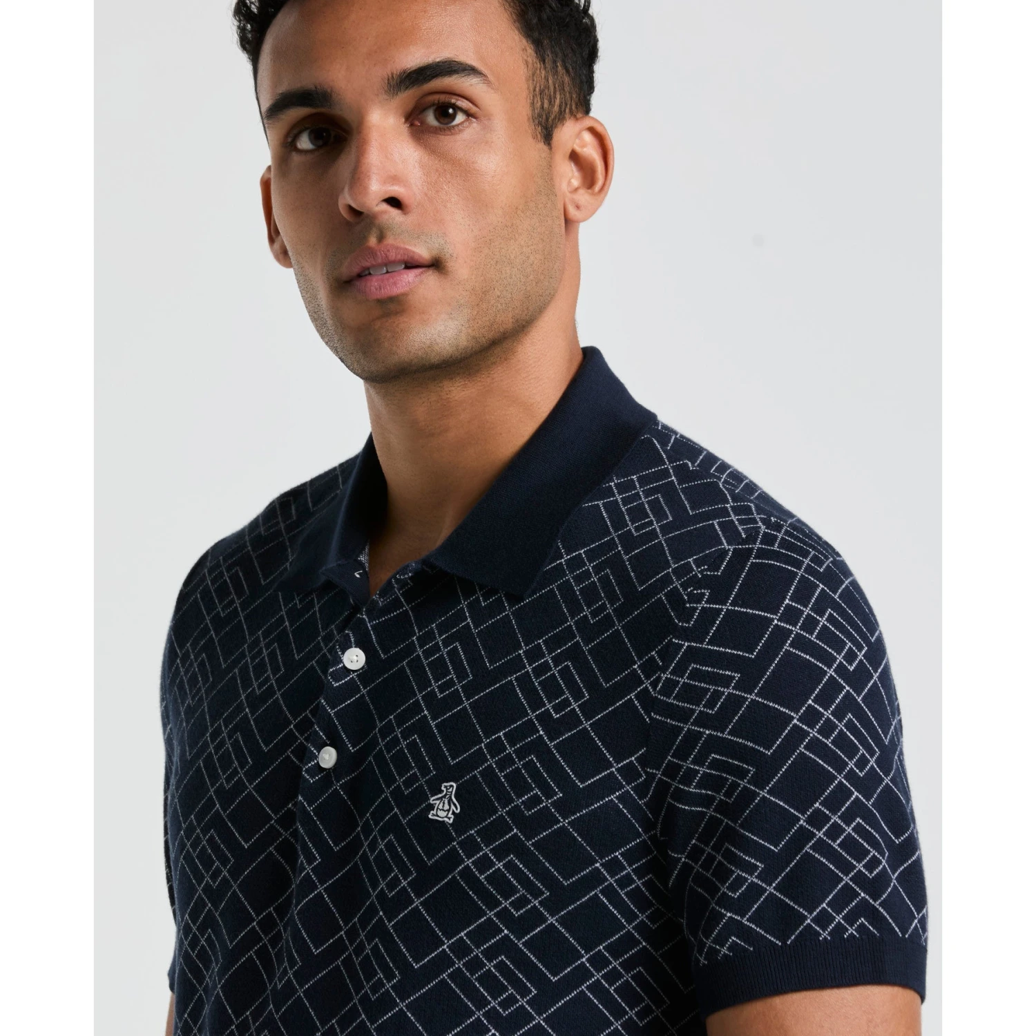 Original Penguin Jaquard Geometric Sweater Polo Shirt In Dark Sapphire(Jaquard Geometric Sweater Polo Shirt Blue Opgm2500gp 413) 3 Original Penguin Jaquard Geometric Sweater Polo Shirt In Dark Sapphire(Jaquard Geometric Sweater Polo Shirt Blue Opgm2500gp 413) - Image 3