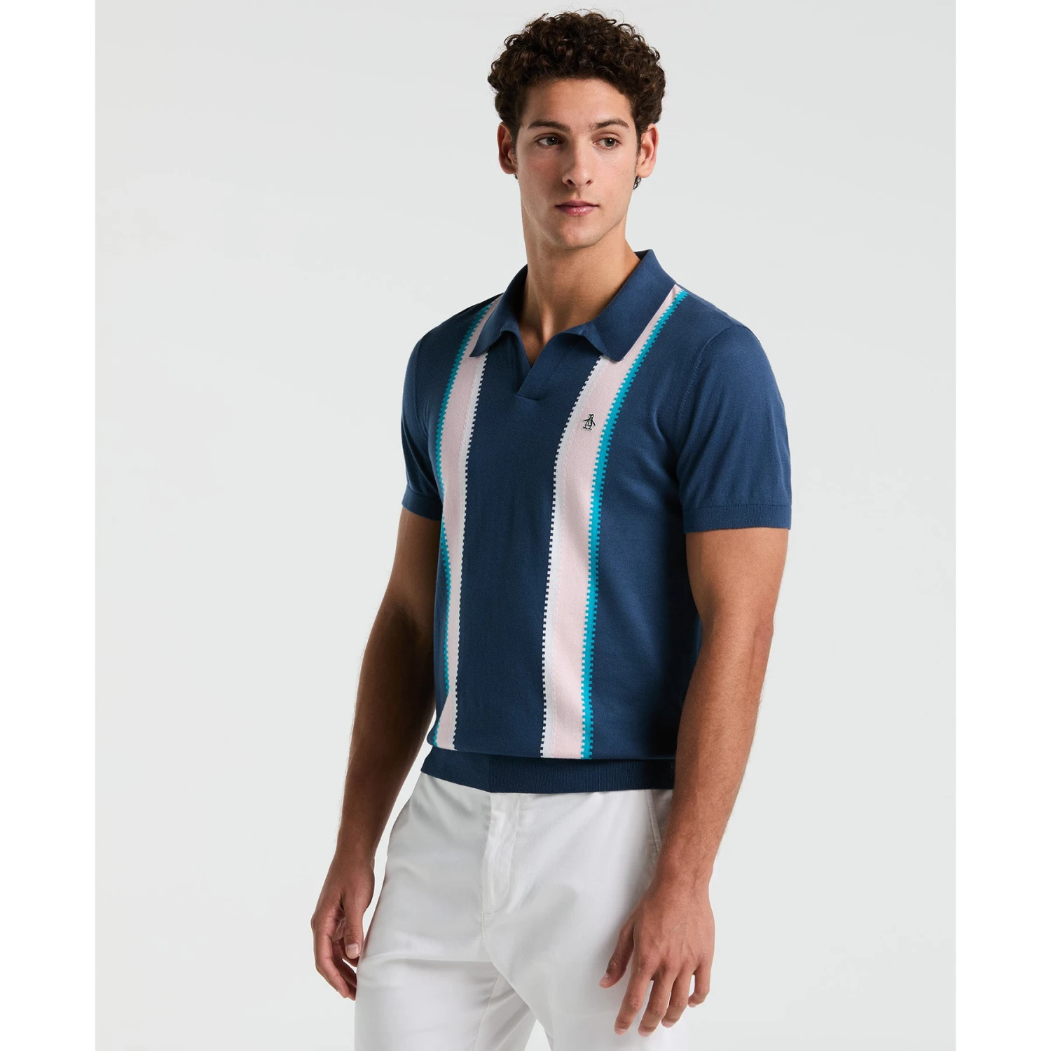 Original Penguin Vertical Stripe Sweater Polo Shirt In Sargasso Sea(Vertical Stripe Sweater Polo Shirt Blue Opgm2505gp 485)