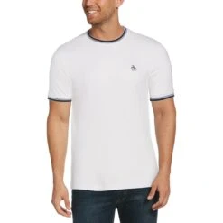 Original Penguin Sticker Pete Tipped Ringer Organic Cotton T-Shirt In Bright White(Stcker Pete Tipped Ringer Organic Cotton T Shirt White Opkb0718gp 118)