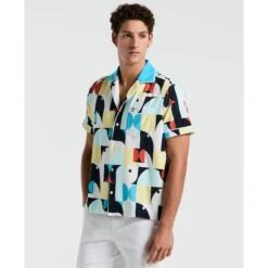 Original Penguin Allover Deco Print Short Sleeve Shirt In Horizon Blue(Allover Deco Print Short Sleeve Shirt Blue Opkm2538gp 429)