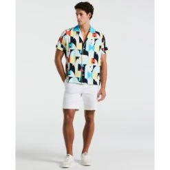 Original Penguin Allover Deco Print Short Sleeve Shirt In Horizon Blue(Allover Deco Print Short Sleeve Shirt Blue Opkm2538gp 429) -Original Penguin Outlet opkm2538 429 alt3