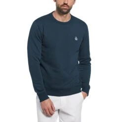 Original Penguin Sticker Pete Fleece Crew Neck Sweatshirt In Blue Wing Teal(Sticker Pete Fleece Crew Neck Sweatshirt Blue Opks5712gp 415)