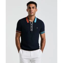 Original Penguin Pointelle Blocked Ribbed Sweater Polo Shirt In Dark Sapphire(Pointelle Blocked Ribbed Sweater Polo Shirt Blue Opgm2506gp 413)