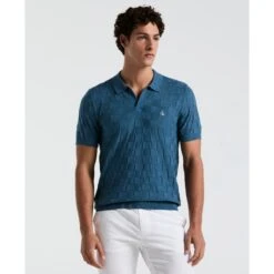 Original Penguin Jacquard Johnny Collar Sweater Polo Shirt In Copen Blue(Jacquard Johnny Collar Short Sleeve Polo Sweater Blue Opgs2403gp 443)
