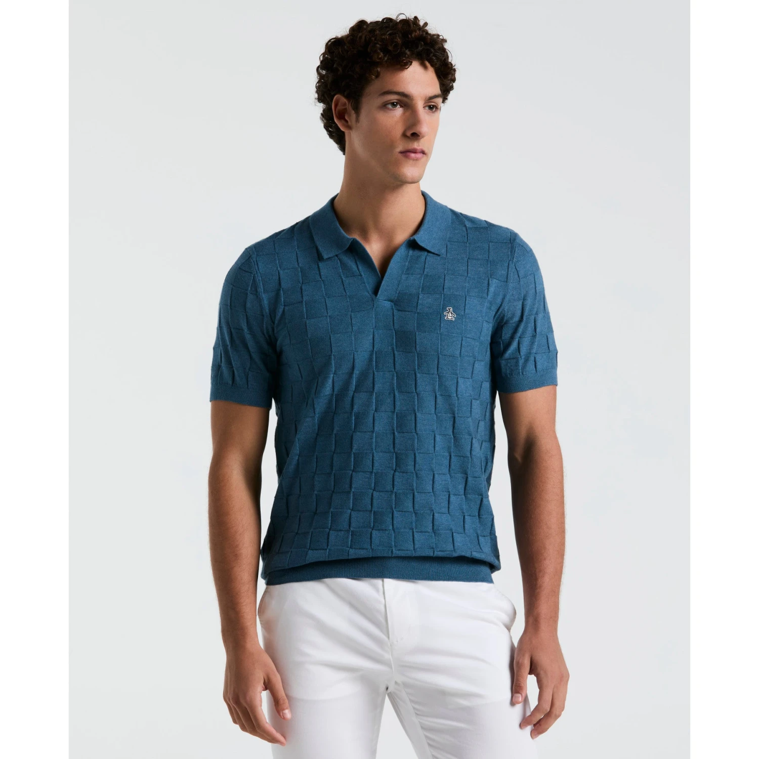 Original Penguin Jacquard Johnny Collar Sweater Polo Shirt In Copen Blue(Jacquard Johnny Collar Short Sleeve Polo Sweater Blue Opgs2403gp 443) 1 Original Penguin Jacquard Johnny Collar Sweater Polo Shirt In Copen Blue(Jacquard Johnny Collar Short Sleeve Polo Sweater Blue Opgs2403gp 443)